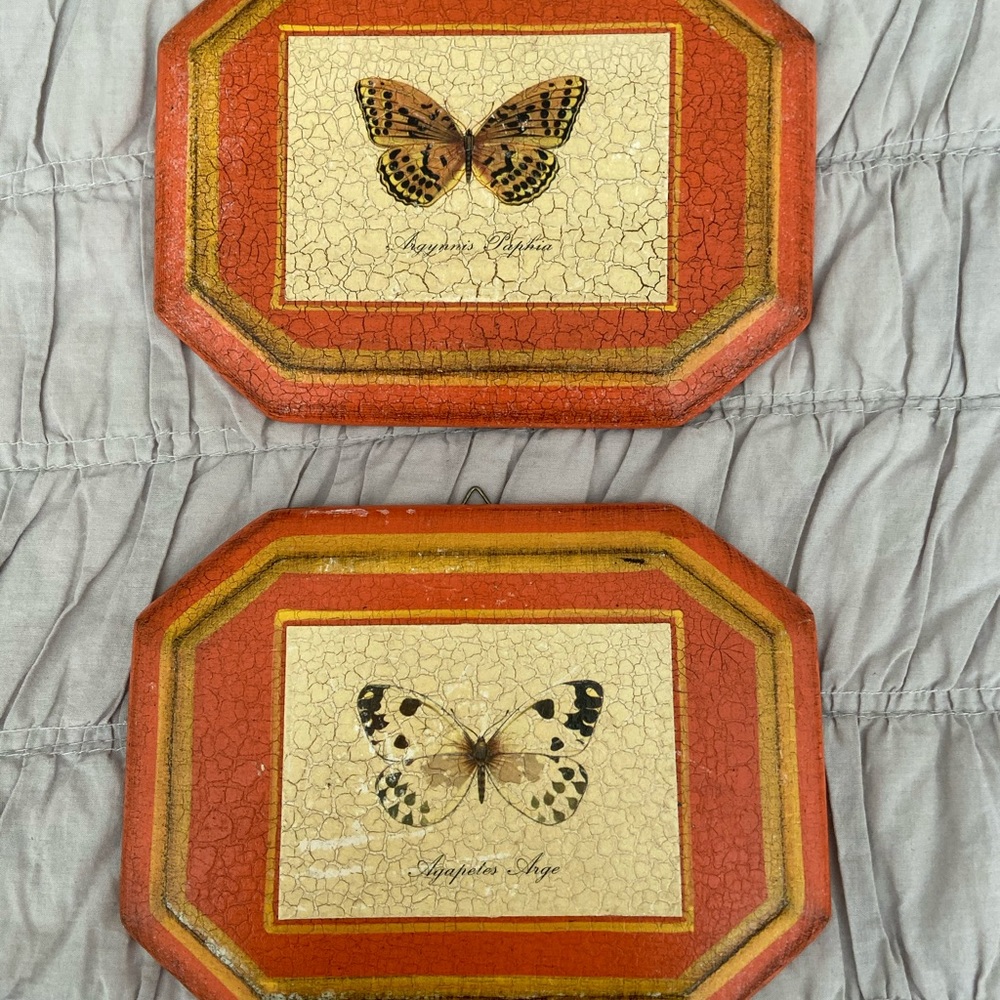 Vintage 70s Wood Orange Butterfly Wall Plaques